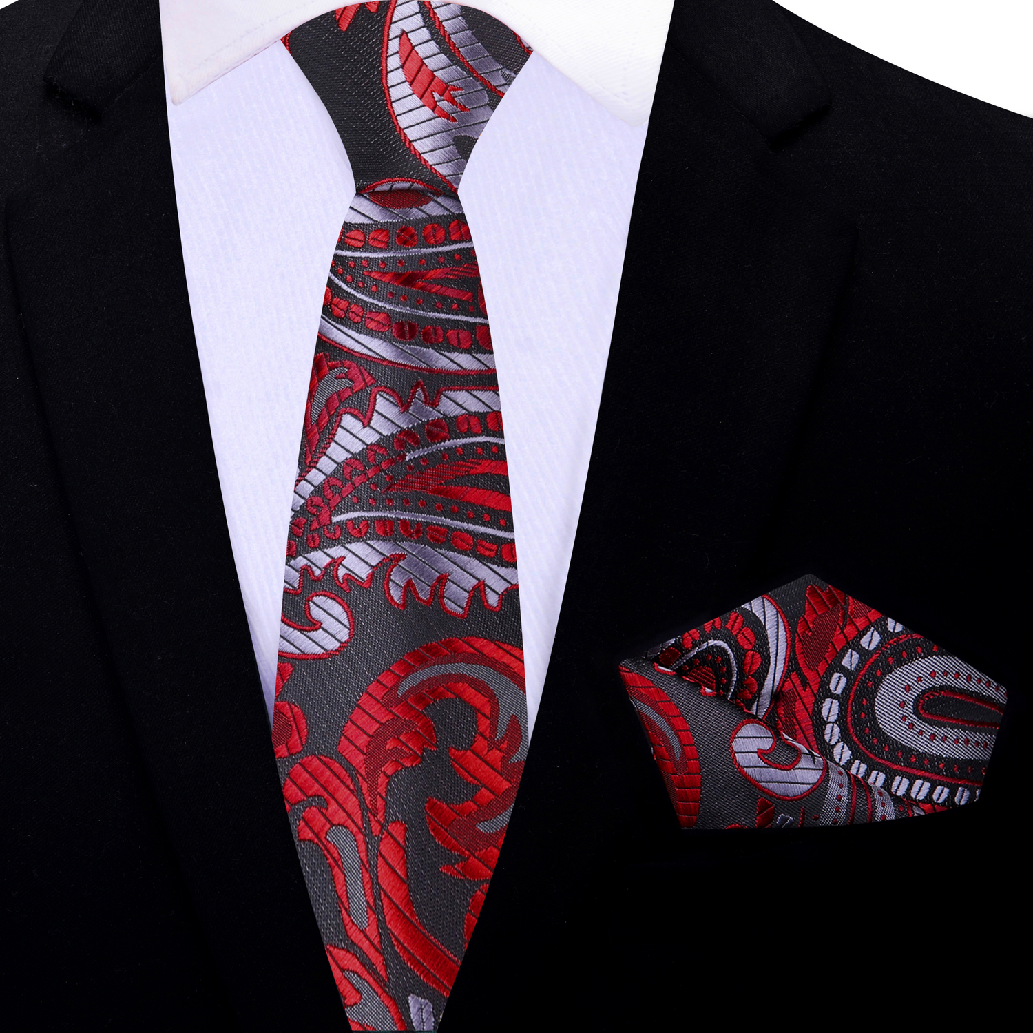 A Red, Dark Red, Silver Paisley Pattern Thin Necktie, With Matching Pocket Square