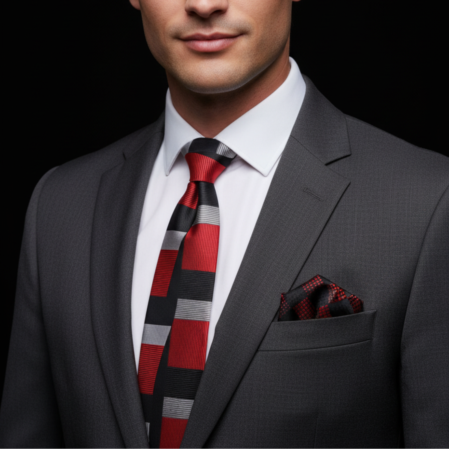 Man wearing a gray suit with a red and black checkered tie and pocket square on a black background
