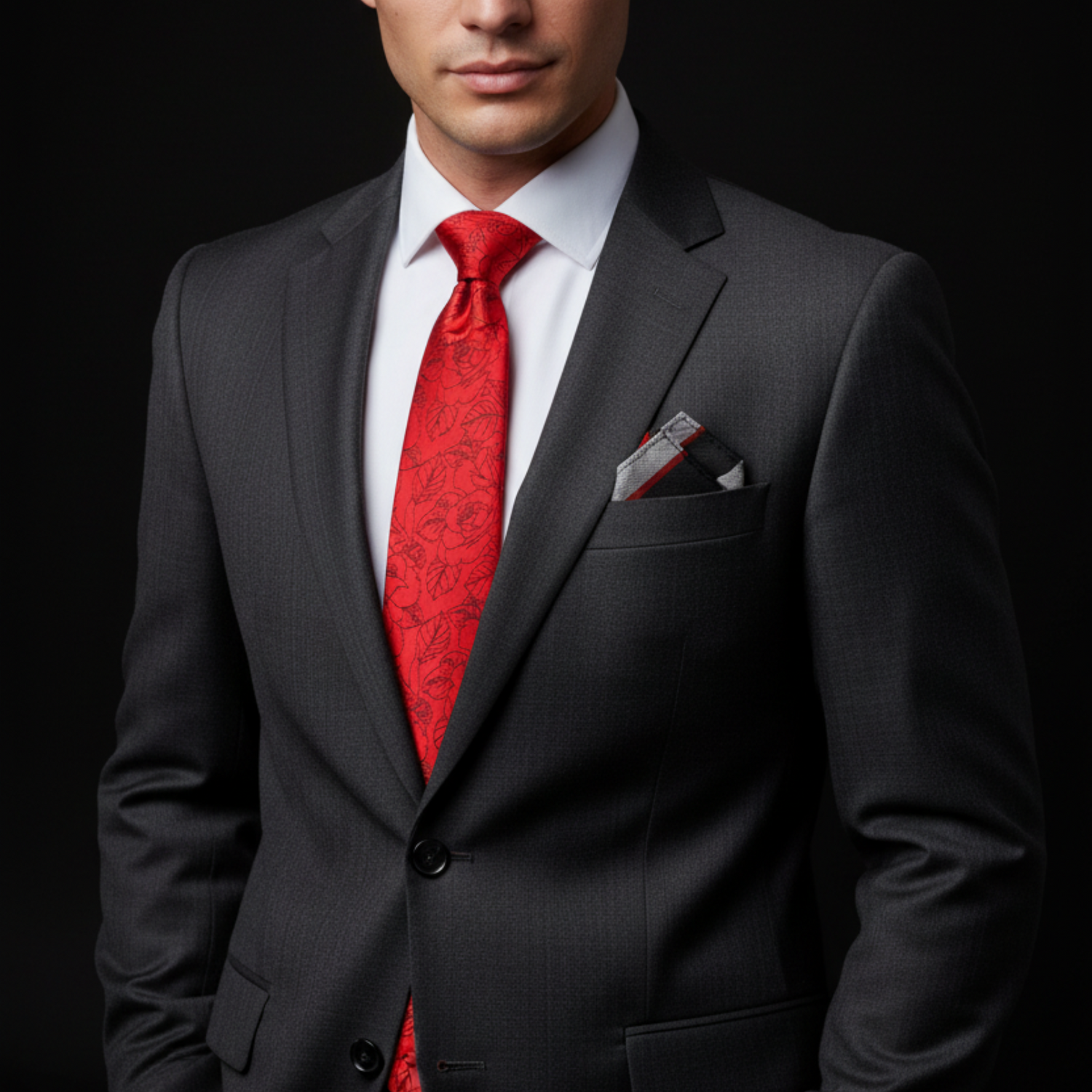 Man wearing a black suit with a red tie and pocket square on a black background