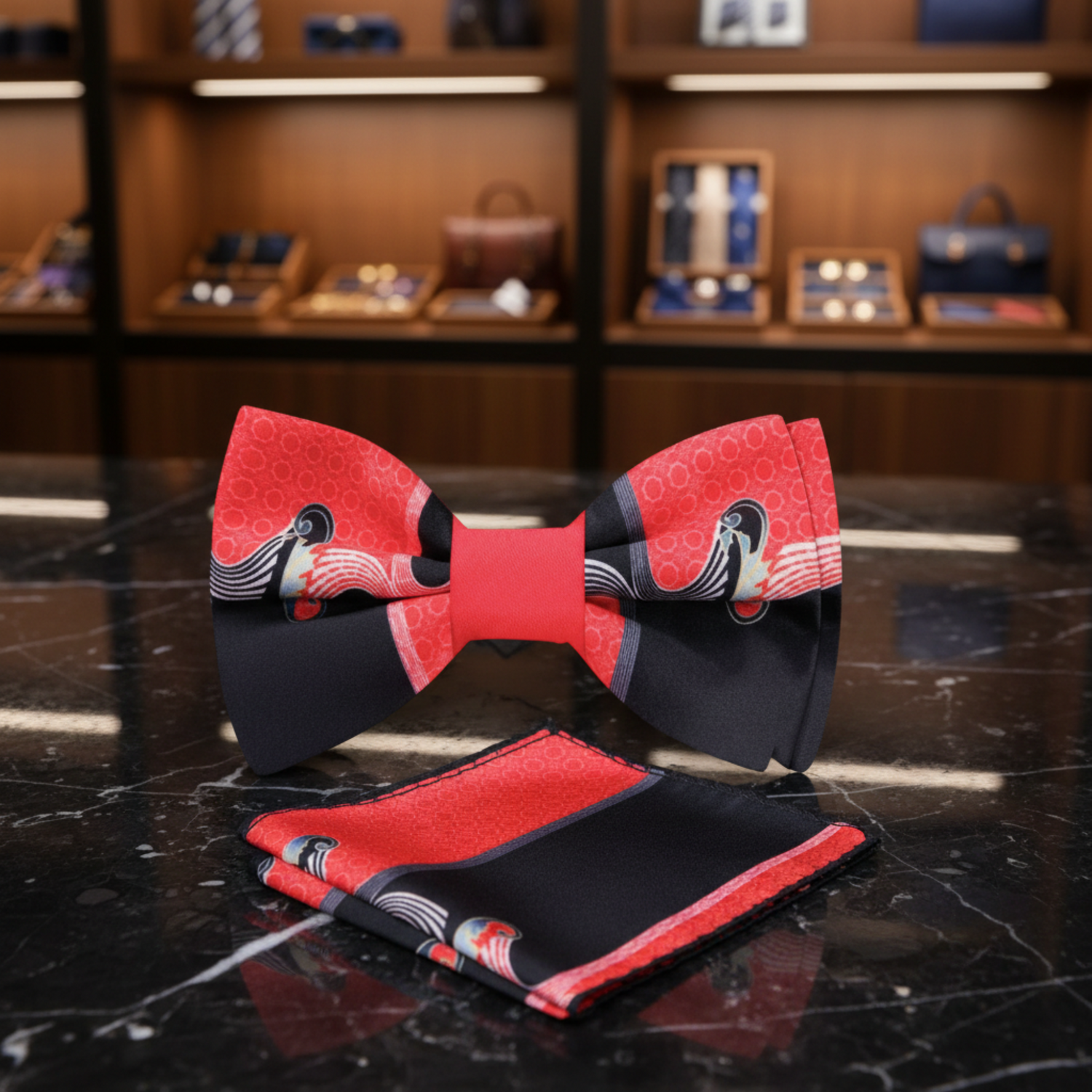 Red Black Abstract Bow Tie and Pocket Square||Red