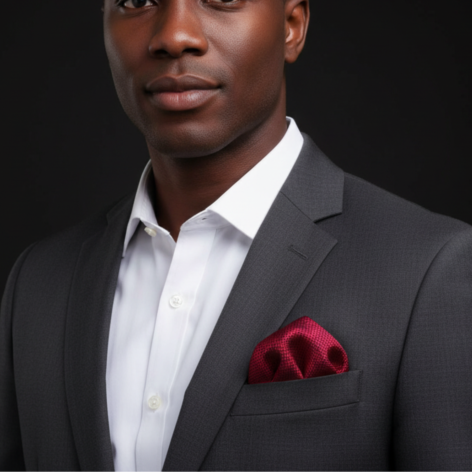 Man wearing a gray suit with a white shirt and red pocket square on a black background