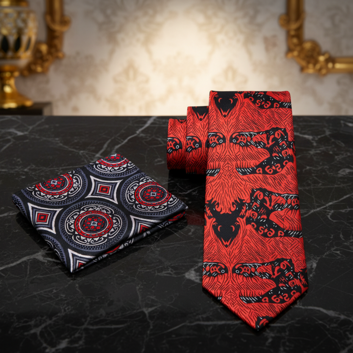 Alt View: Red, Black Abstract Necktie and Abstract Square