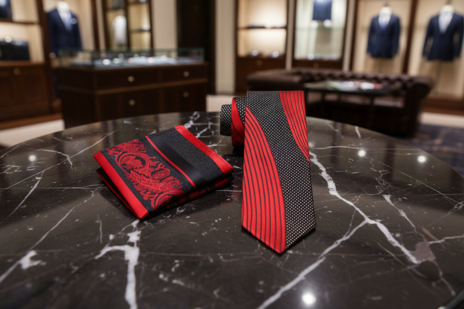 View 2: Red, Black and Gold Abstract Tie and Accenting Red Black Paisley Pocket Square