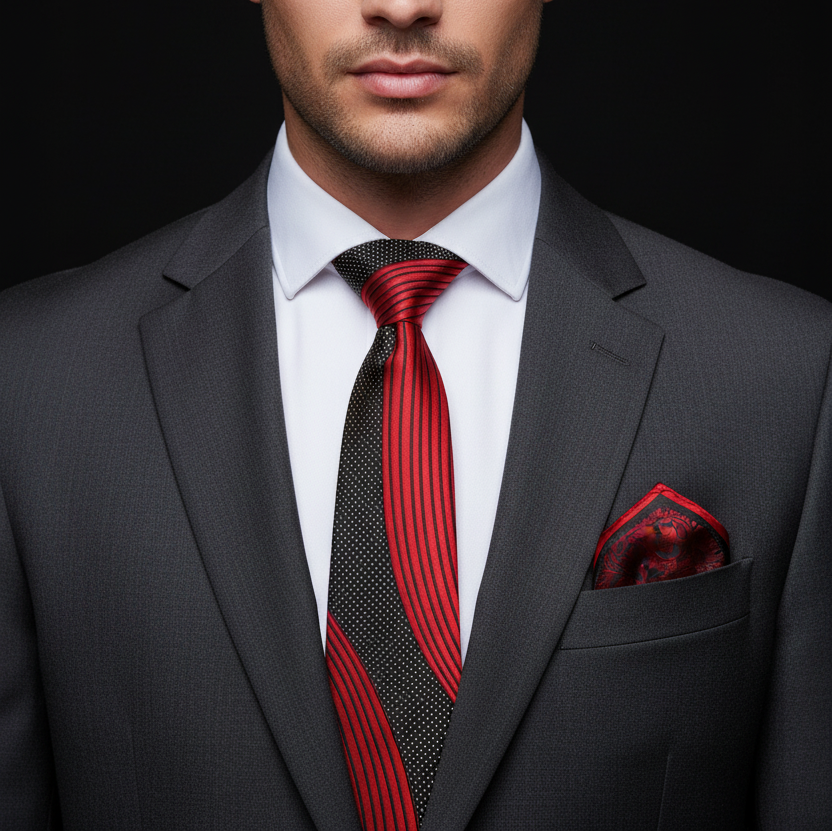 Man wearing a gray suit with a red and black striped tie and matching pocket square.