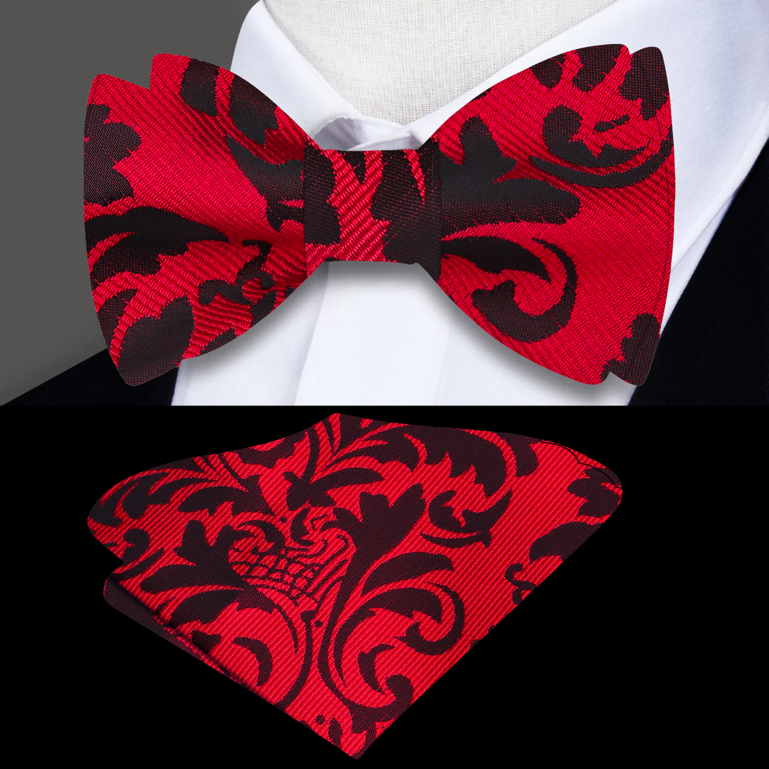A Red, Black Floral Pattern Silk Self Tie Bow Tie, Matching Pocket Square