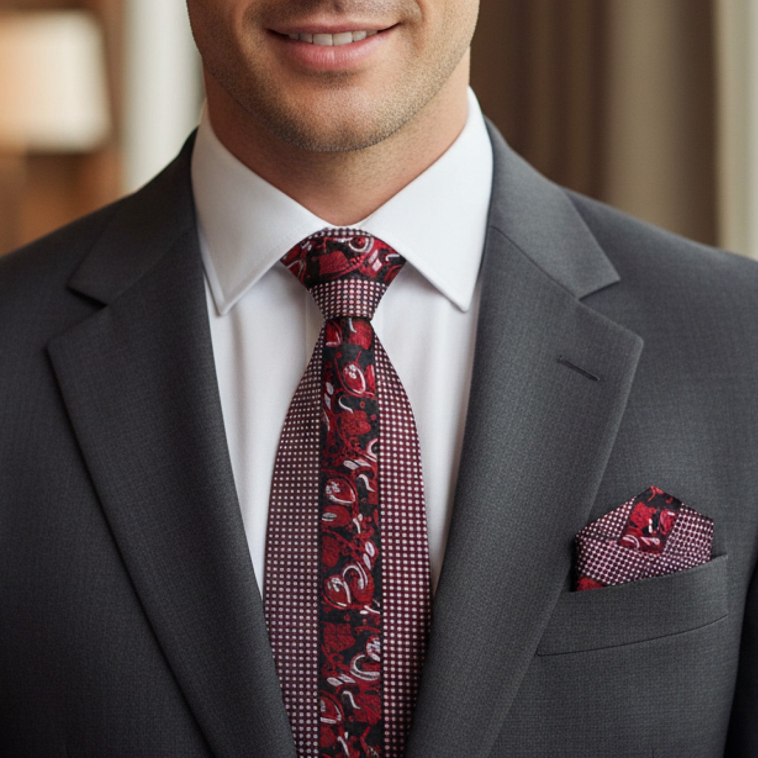 Red Floral Tie on man wearing grey suit