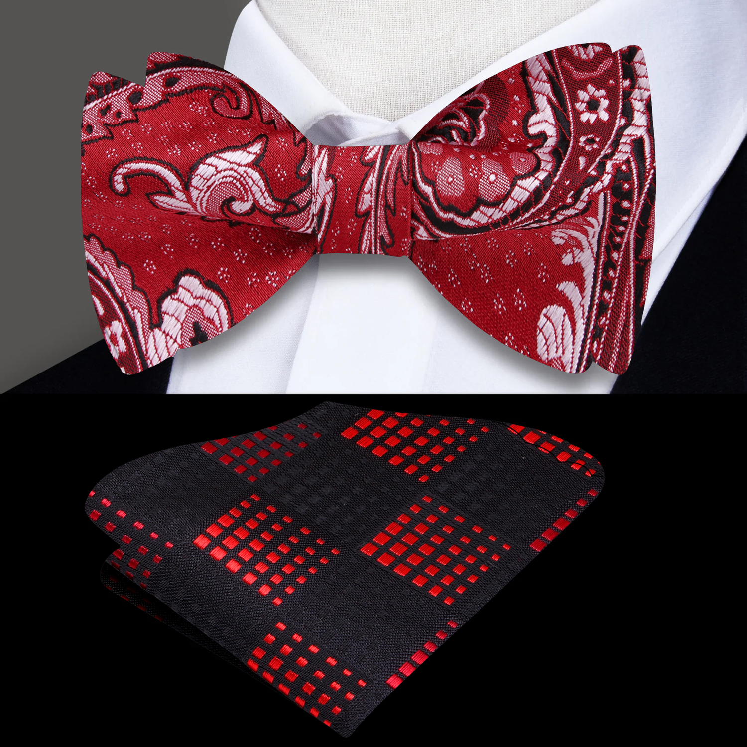 A Red, Blue Paisley Pattern Self Tie Bow Tie, Accenting Pocket Square