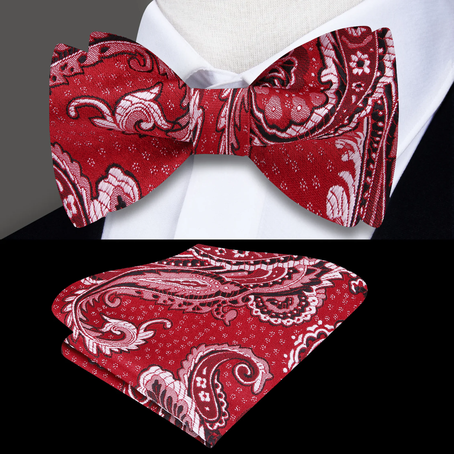 A Red, Blue Paisley Pattern Self Tie Bow Tie, Matching Pocket Square