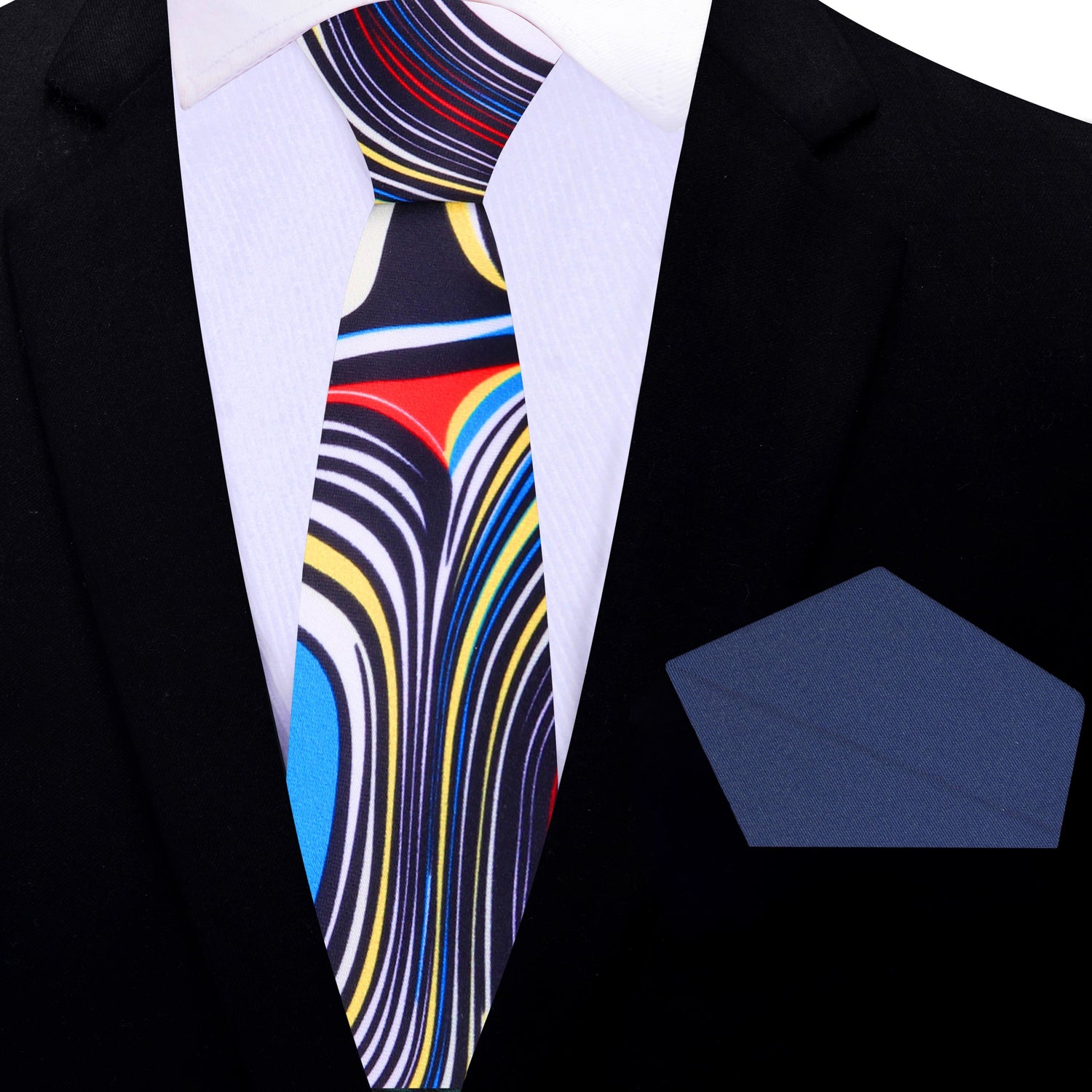 Thin Tie: Blue, Red, Yellow and White Abstract Tie and Blue Square