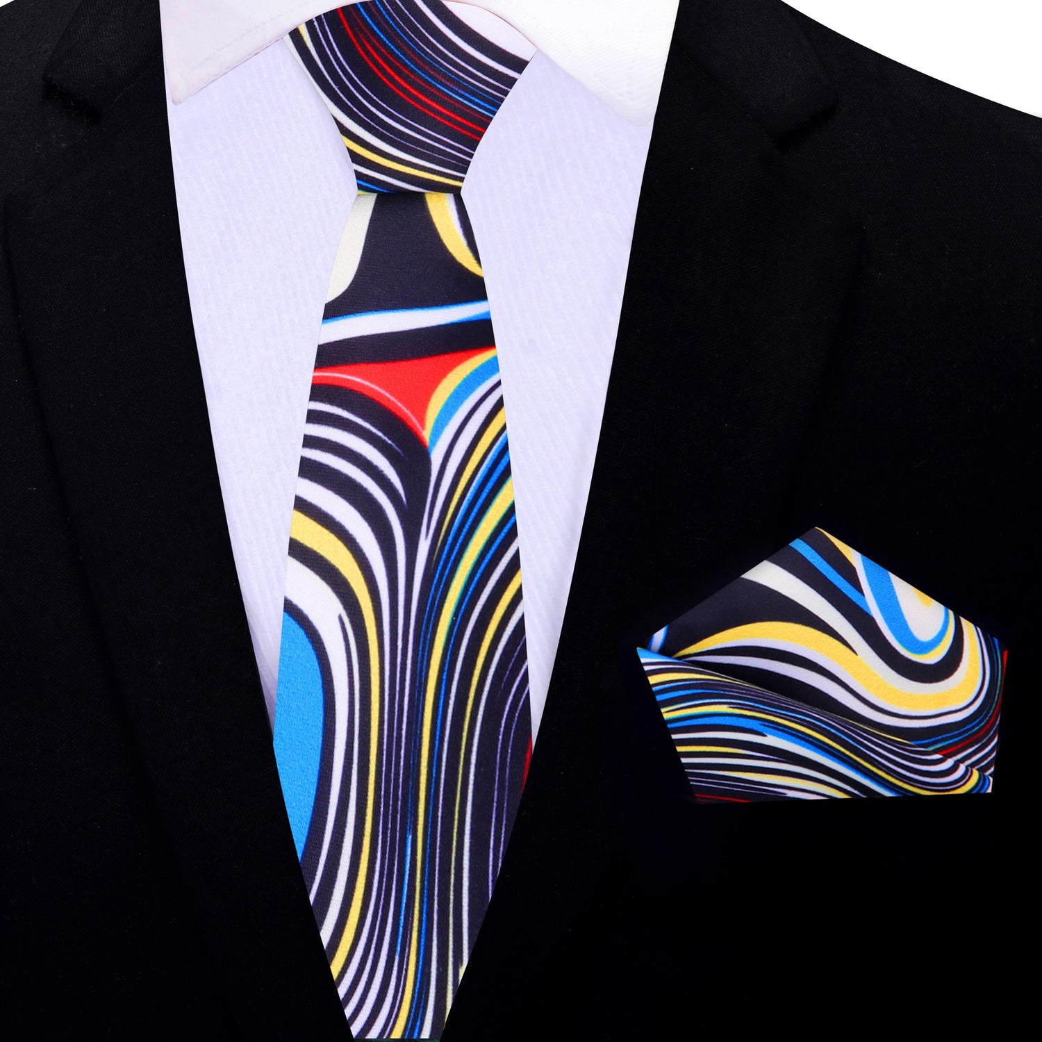 Thin Tie: Blue, Red, Yellow and White Abstract Tie and Matching Square