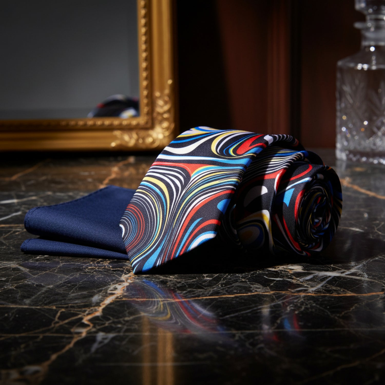 Alt View: Blue, Red, Yellow and White Abstract Tie and Blue Square
