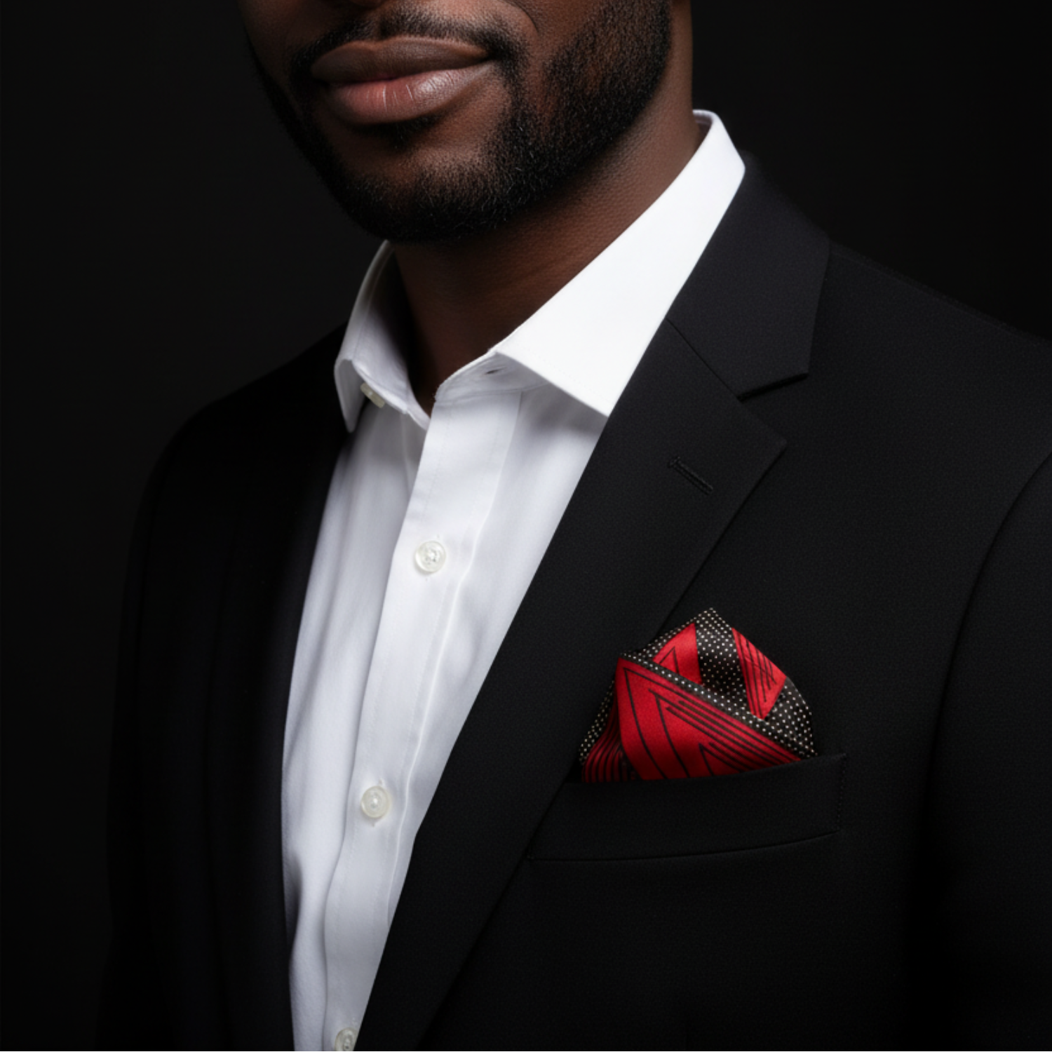 Man wearing a black suit with a red pocket square against a dark background