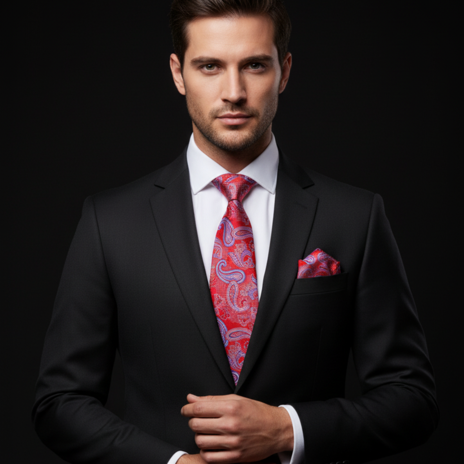 Red, Blue Paisley Tie and Square on Man