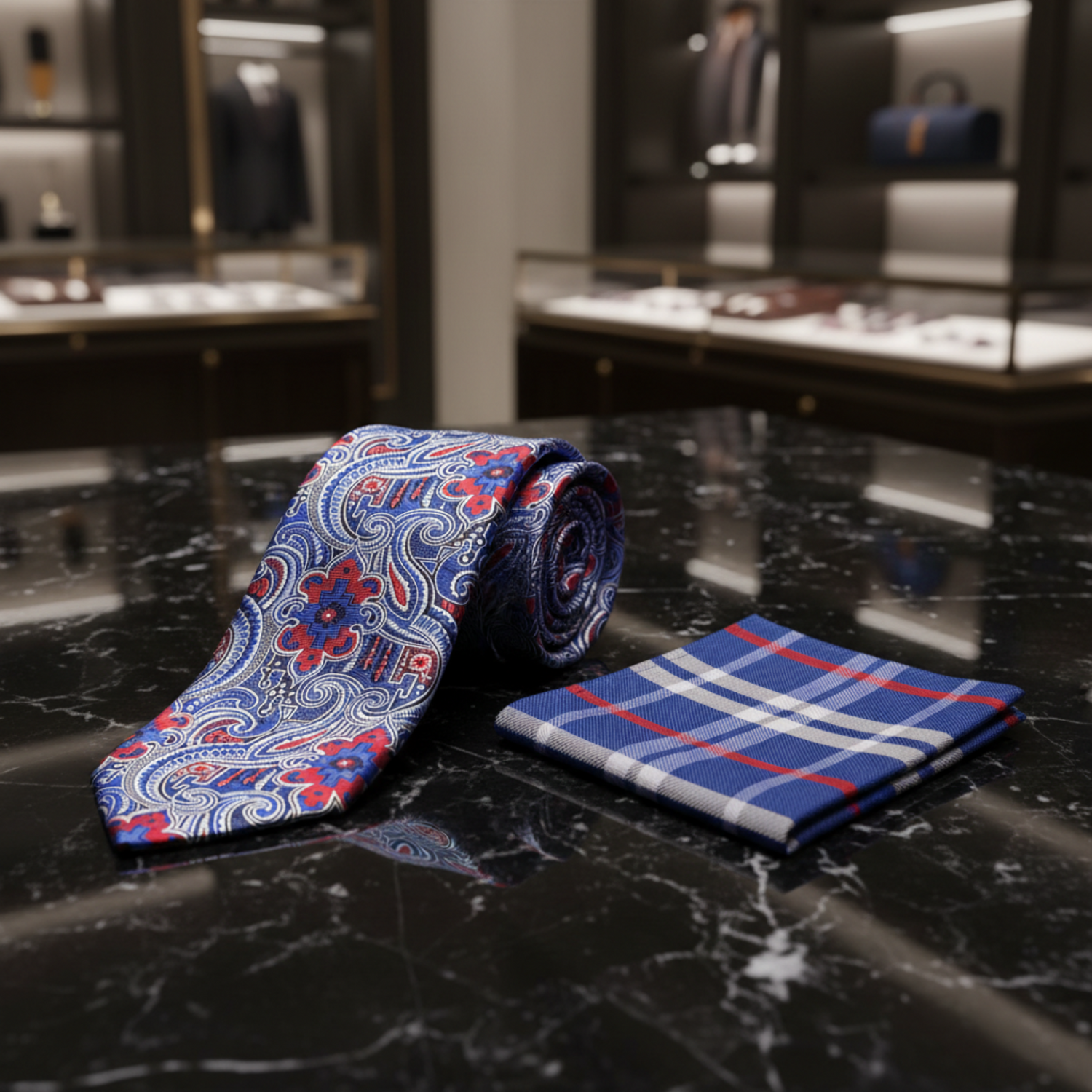 Blue and red patterned tie and pocket square set on a white background