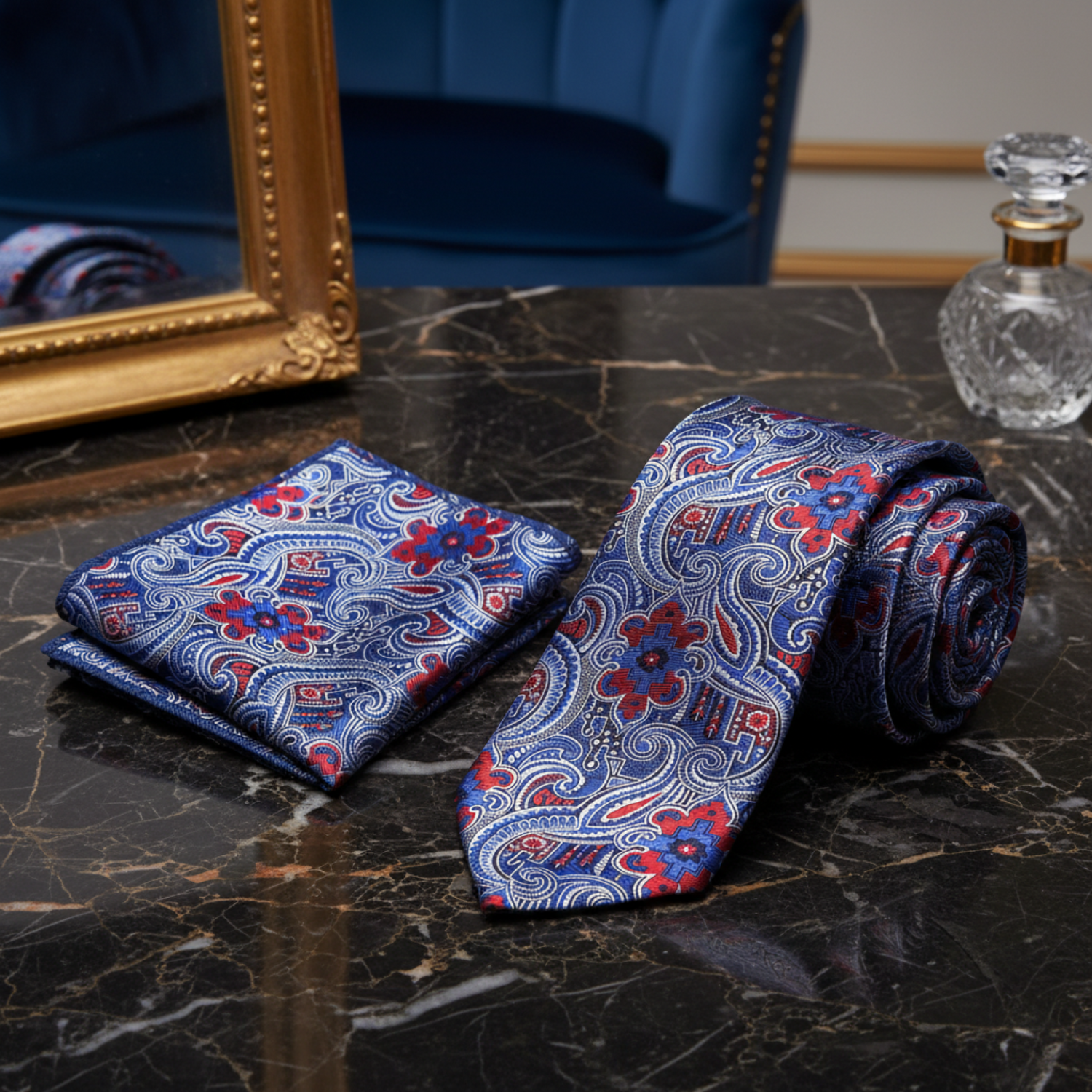 Blue and red paisley tie and pocket square set on a white background