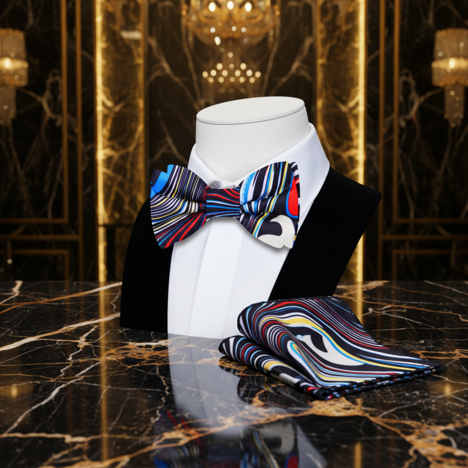 Main View: Red, White, Blue, Black Abstract Bow Tie and Pocket Square||Red, White, Blue, Yellow
