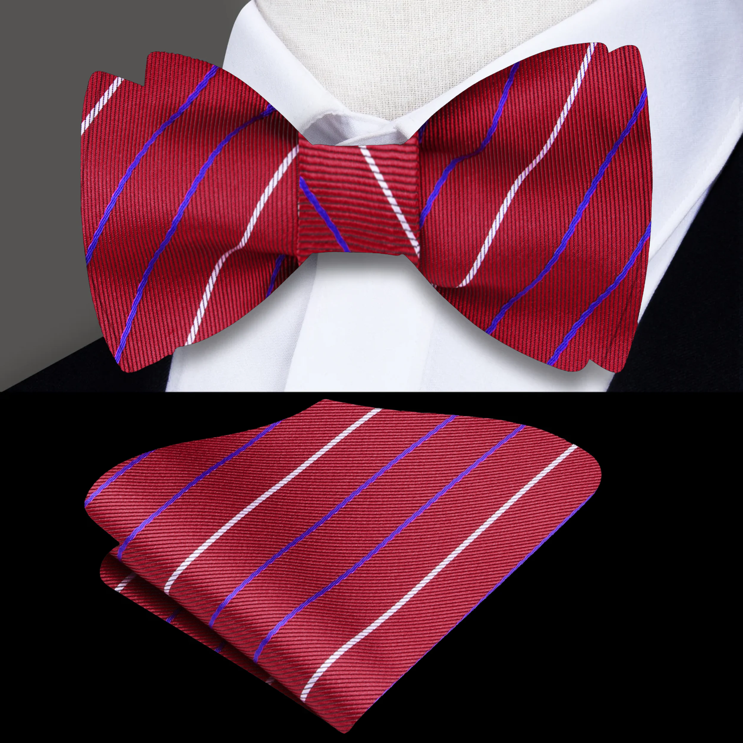A Red, White Blue Stripes Pattern Self Tie Bow Tie, Matching Pocket Square