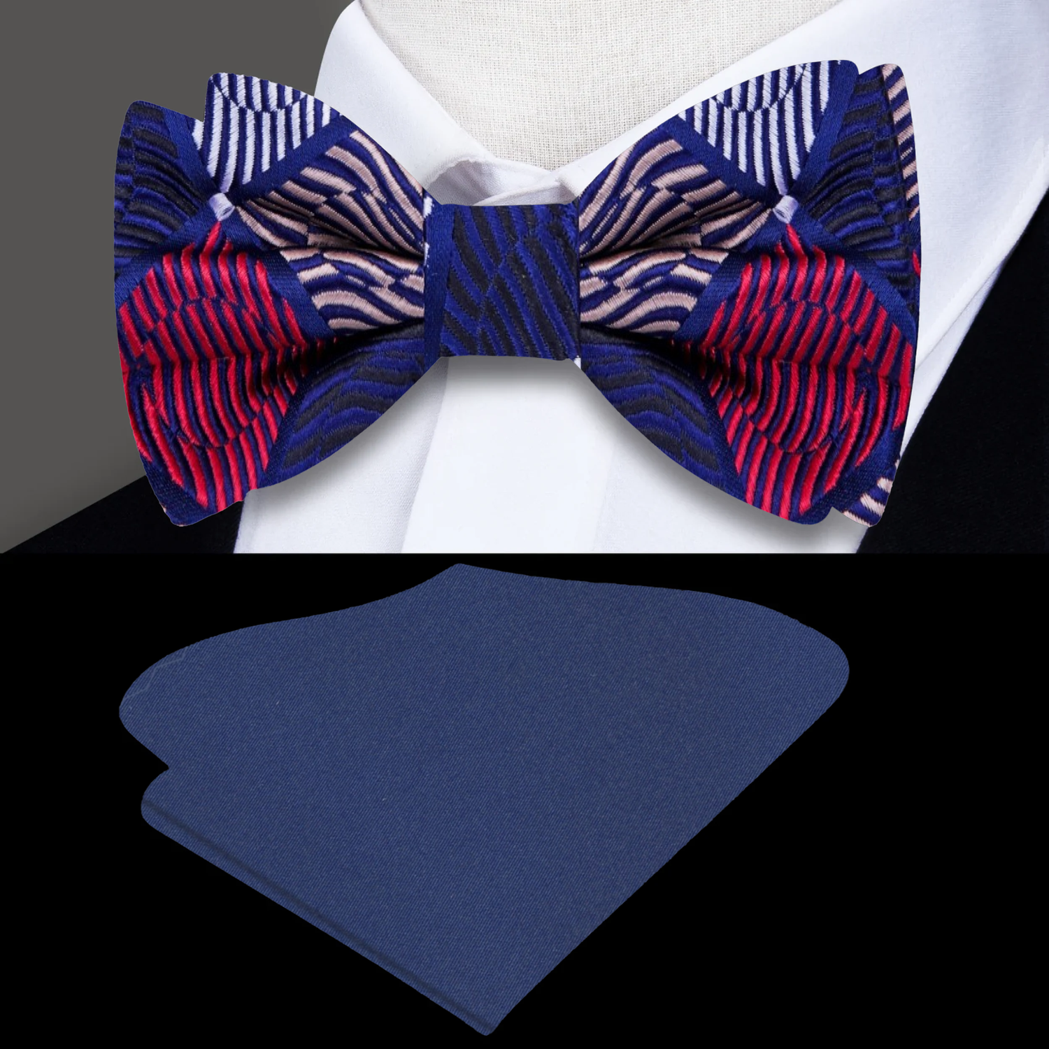A Red, Blue Geometric Diamond with Dot Pattern Self Tie Bow Tie and Blue Square