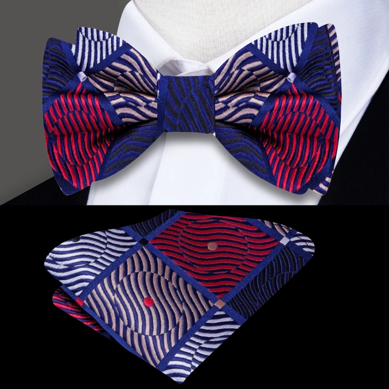 A Red, Blue Geometric Diamond with Dot Pattern Self Tie Bow Tie, Matching Pocket Square
