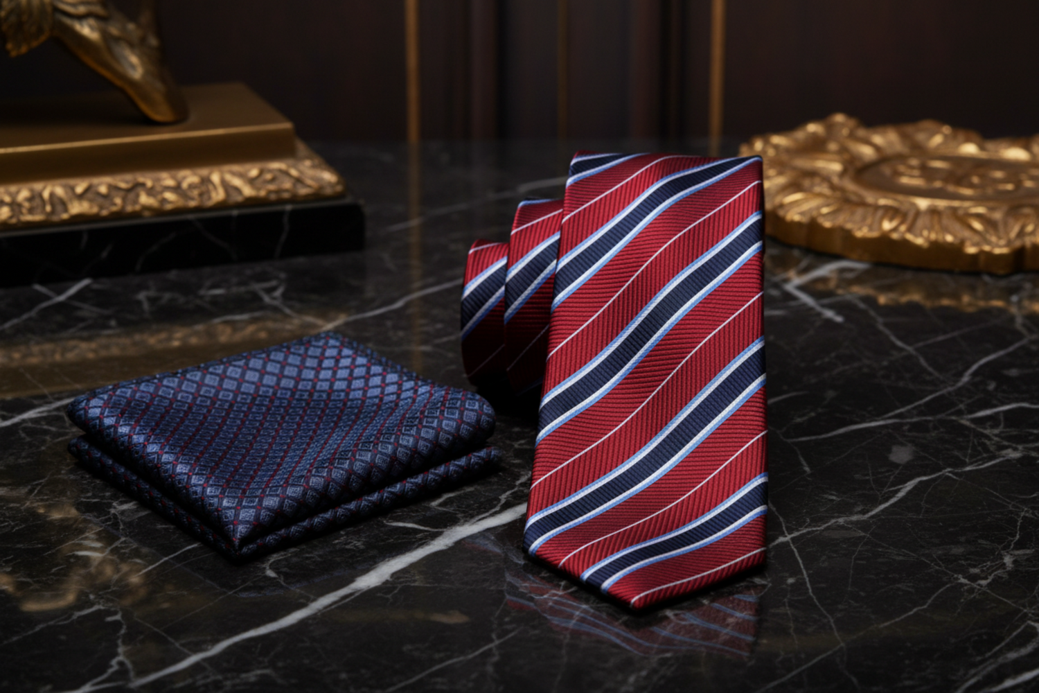 Alt View: Red, Blue Stripe Necktie with Blue, Red Geometric Pocket Square