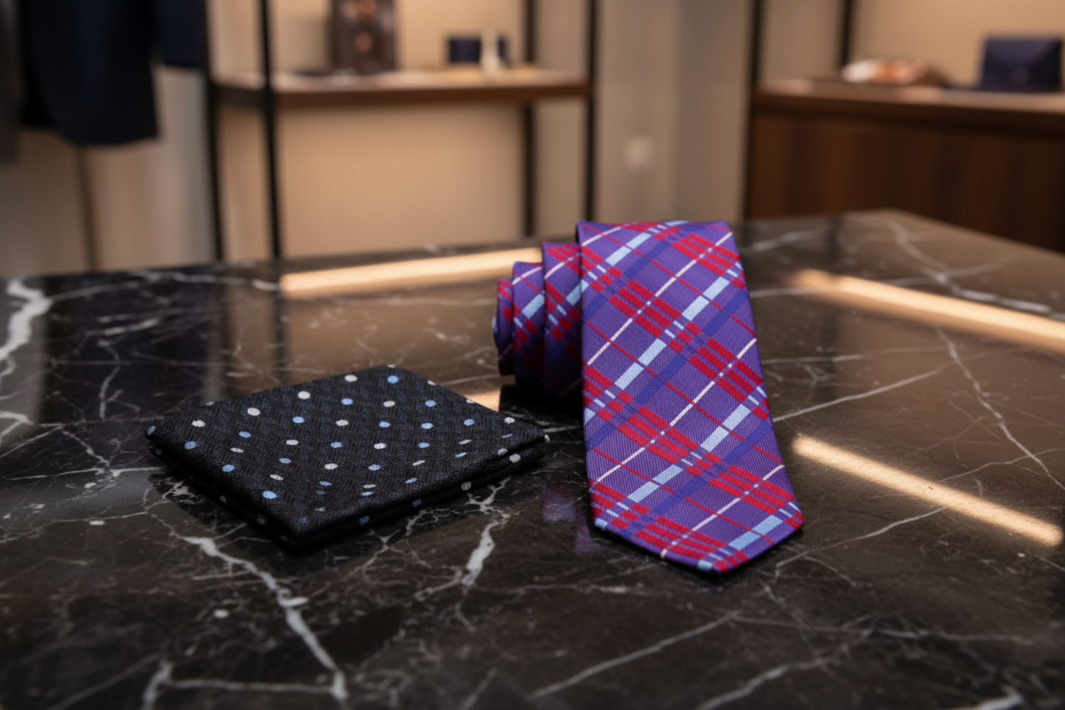Red, Blue Plaid Necktie and Accenting Blue Polka Square 