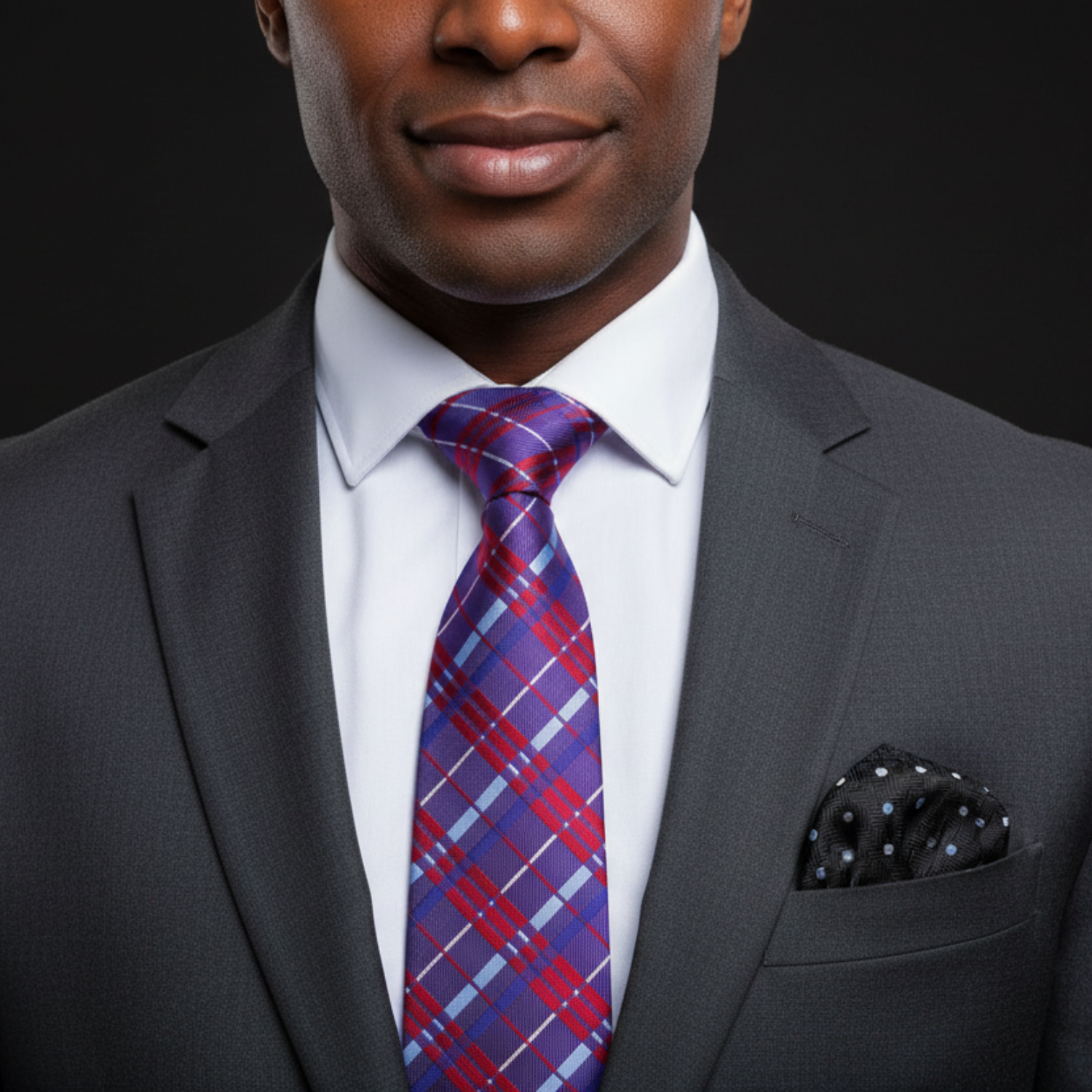 Man wearing a gray suit with a blue and red plaid tie and black pocket square on a dark background