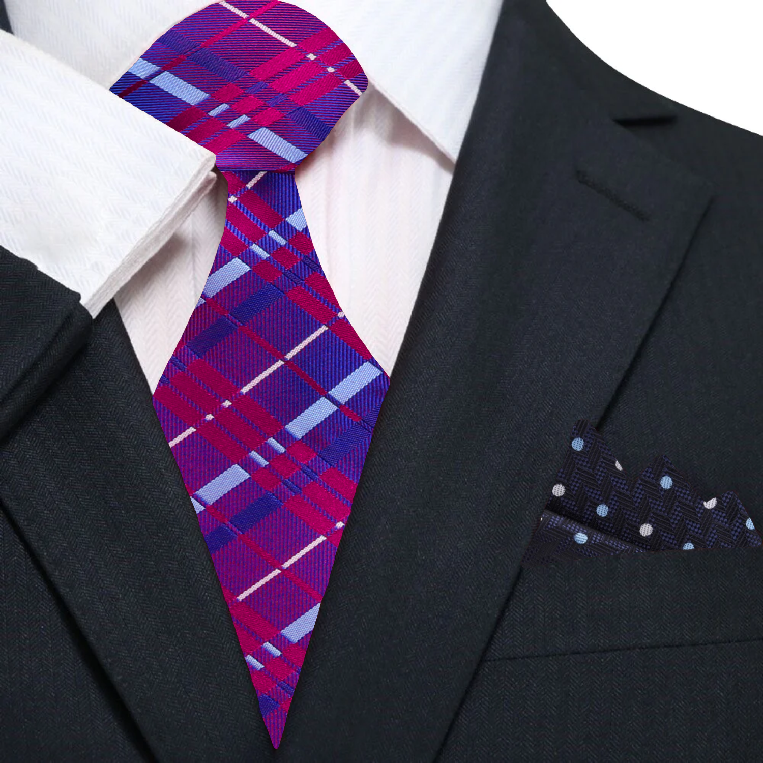 View 1: Red, Blue Plaid Necktie and Accenting Blue Polka Square 