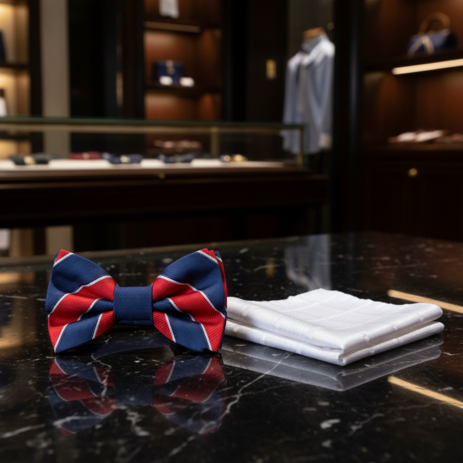 Blue Red Stripe Bow Tie and White Square
