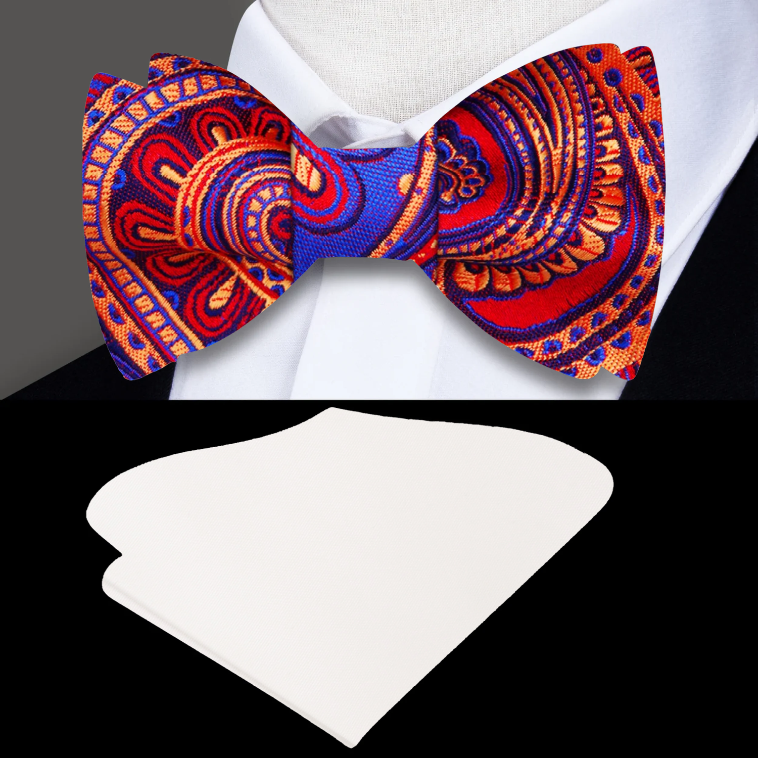 A Red, Blue Paisley Pattern Self Tie Bow Tie, Off White Pocket Square