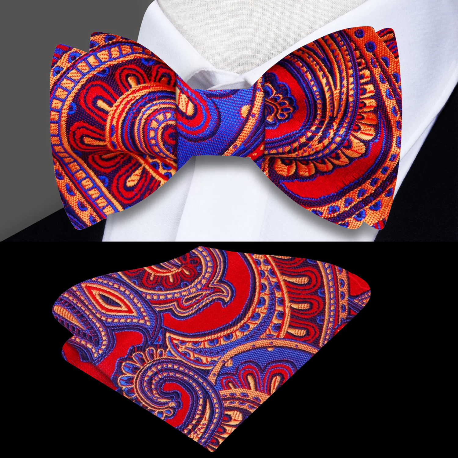 A Red, Blue Paisley Pattern Self Tie Bow Tie, Matching Pocket Square