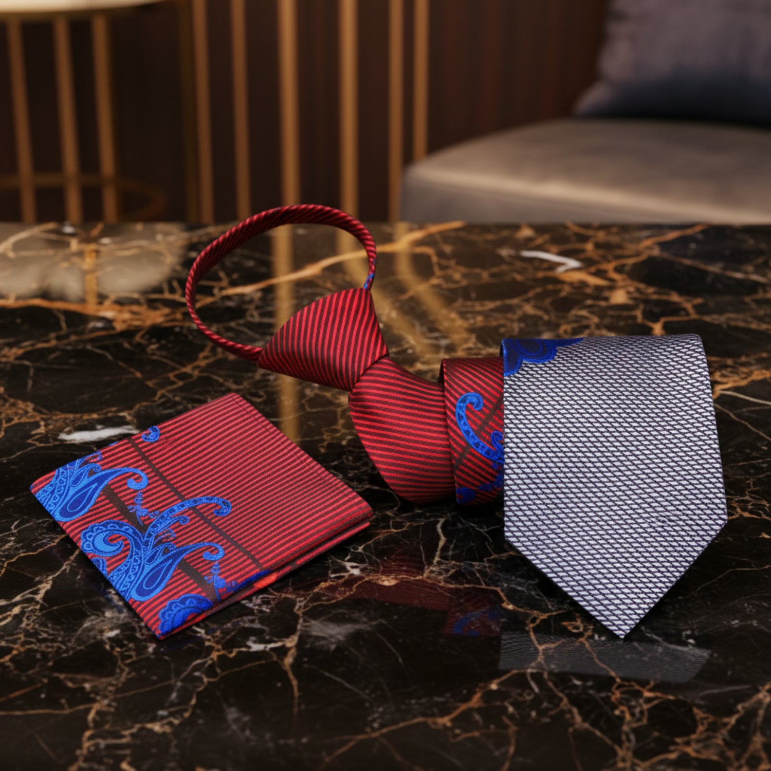 Red, Blue Paisley Zipper Tie and Square