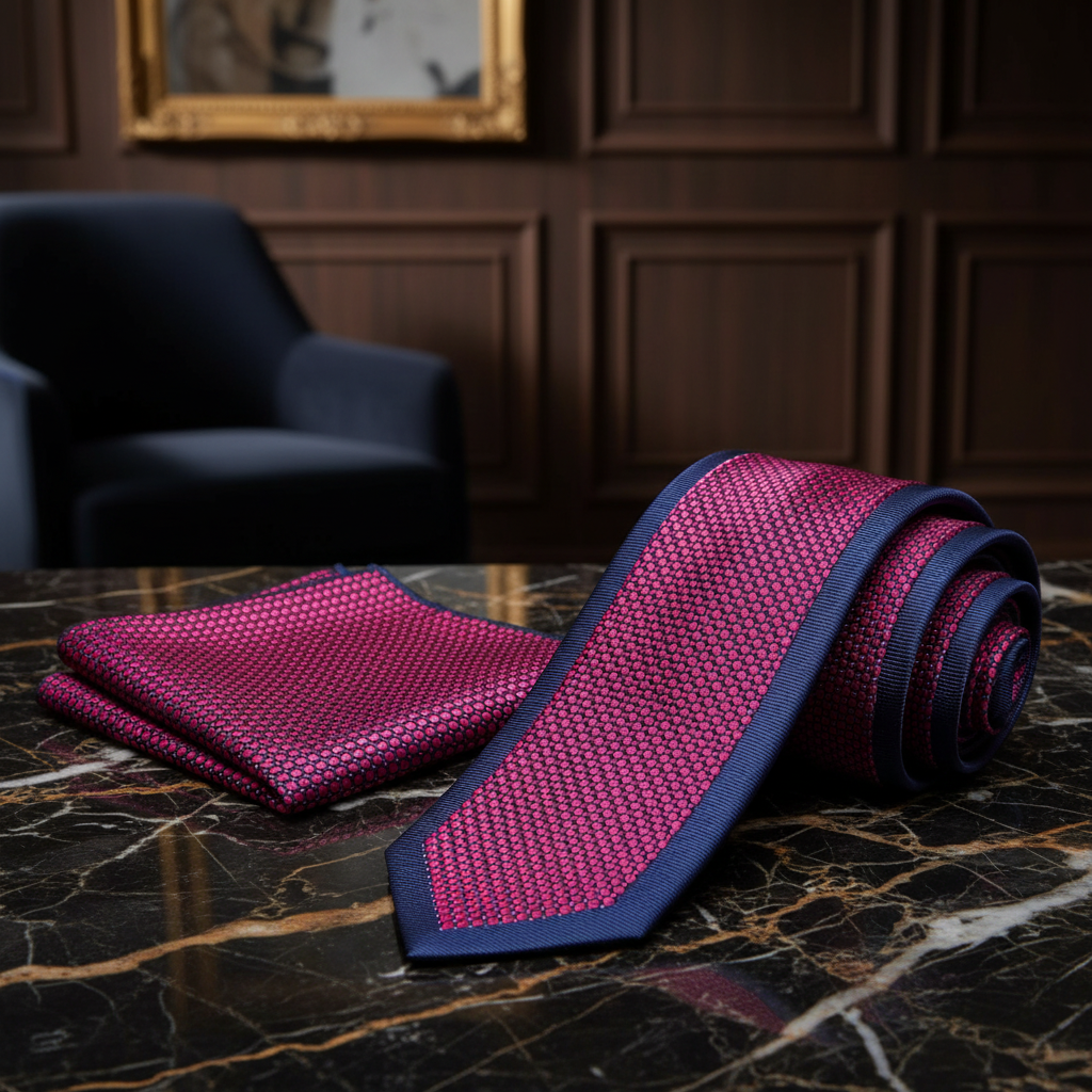 A matching necktie and pocket square set in a rich magenta and navy blue patterned fabric, displayed on a black marble surface with a dark wood-paneled background.
