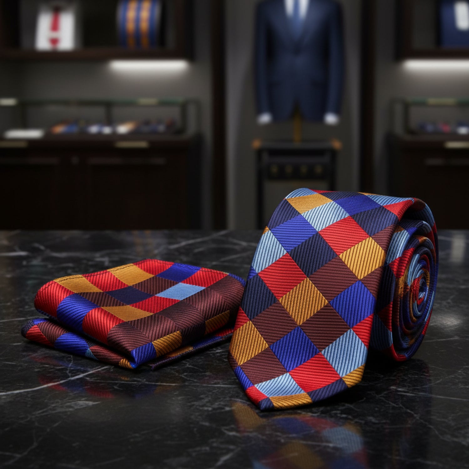 Colorful checkered tie and pocket square set on a white background