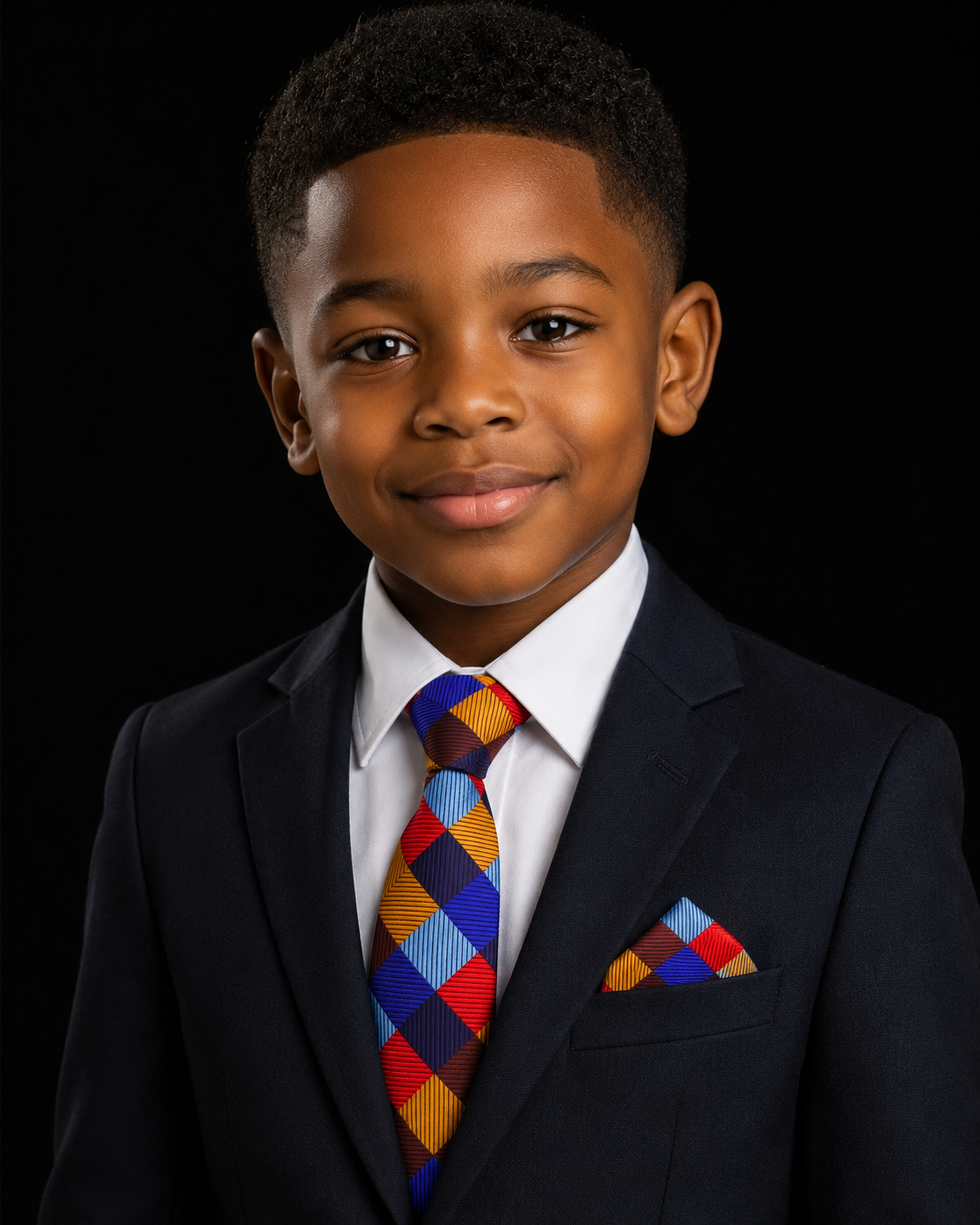 Young boy in a suit with a colorful tie and pocket square on a black background