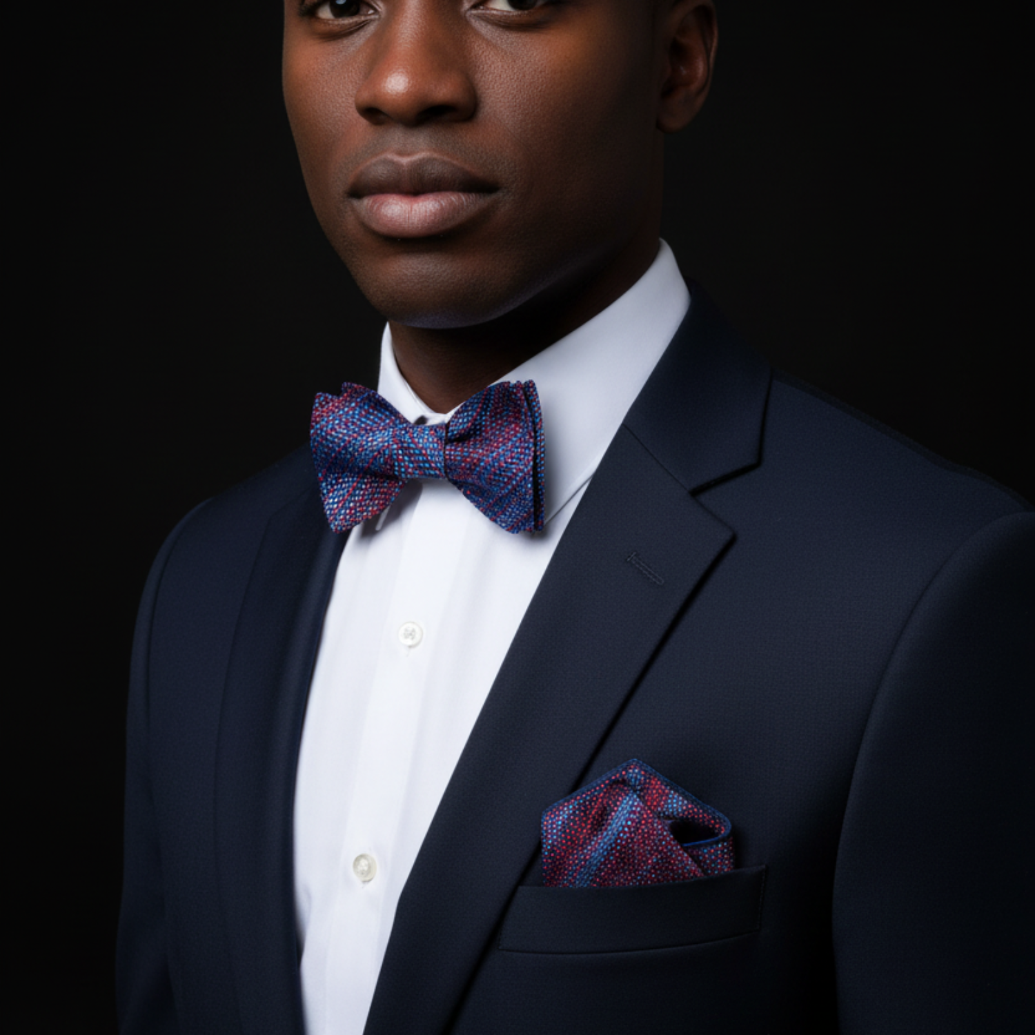 Man wearing a blue suit and red with blue gradient bow tie and square