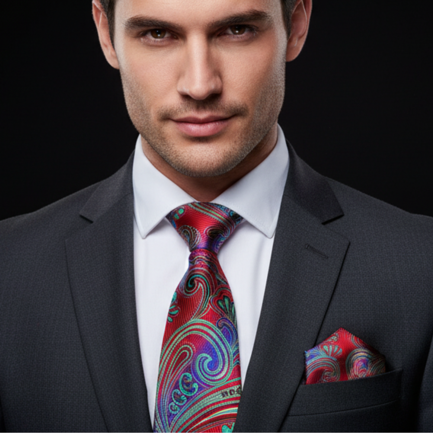 Man wearing a dark suit with a colorful paisley tie and pocket square on a black background
