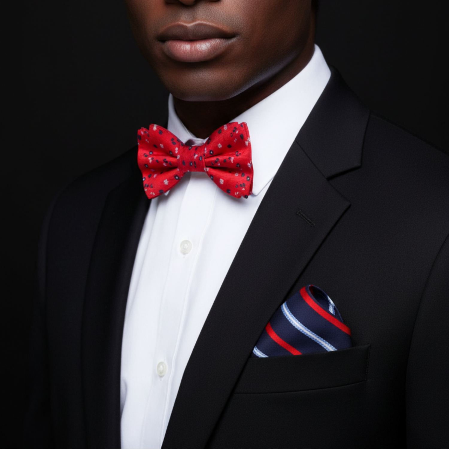 Man wearing a black suit with a red bow tie and striped pocket square on a dark background