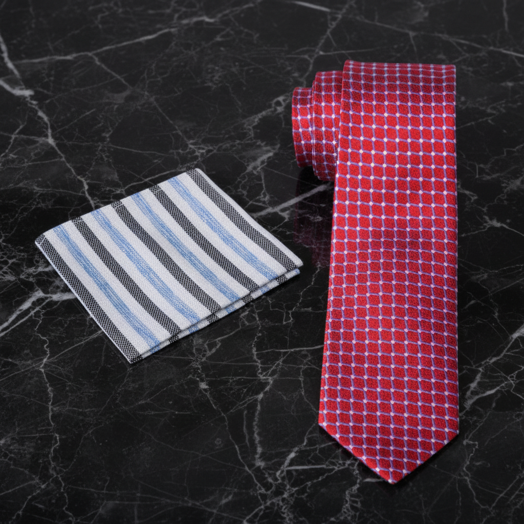 Alt Red, Blue Interlock Necktie and Accenting Stripe Square