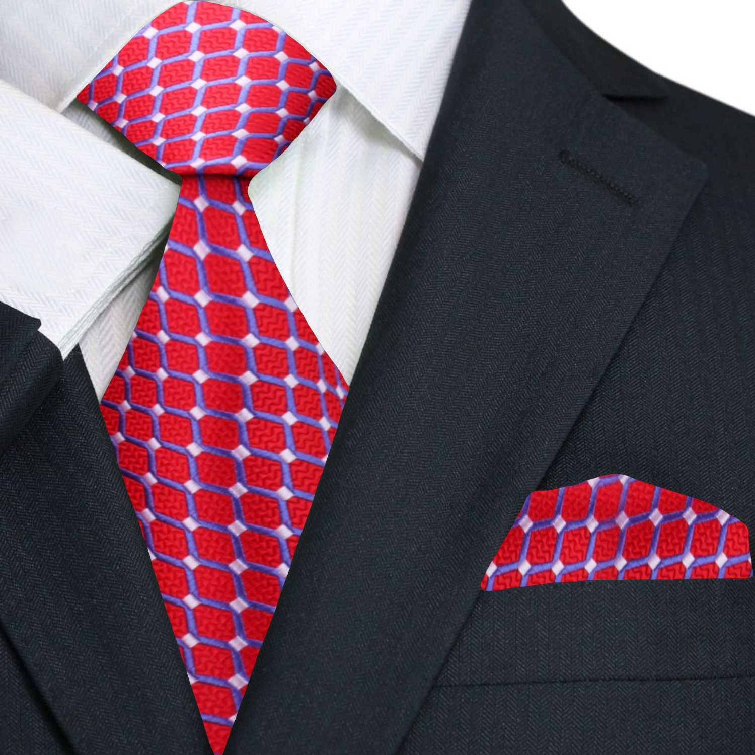 Red, Blue Interlock Necktie and Matching Square