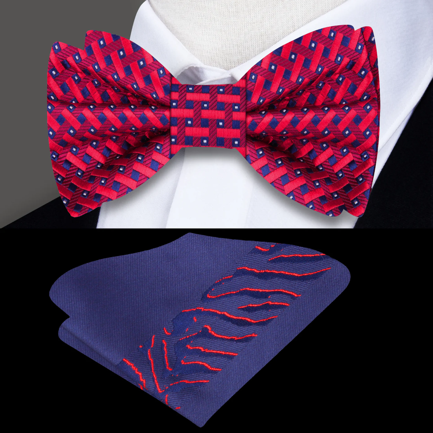 Red, Blue Geometric Bow Tie and Accenting Pocket Square
