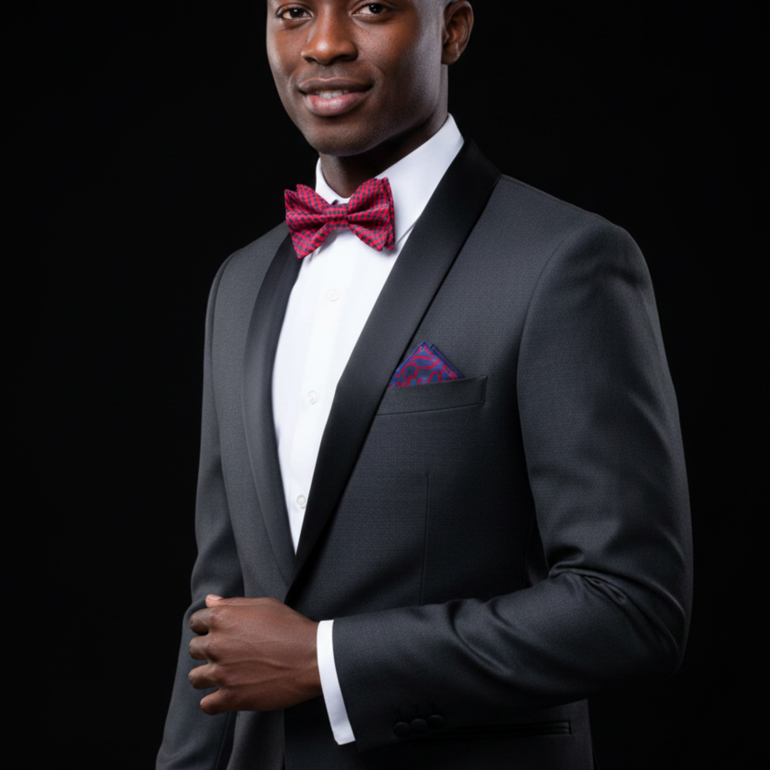 Red Blue Check Bow Tie and Accenting Square on Man