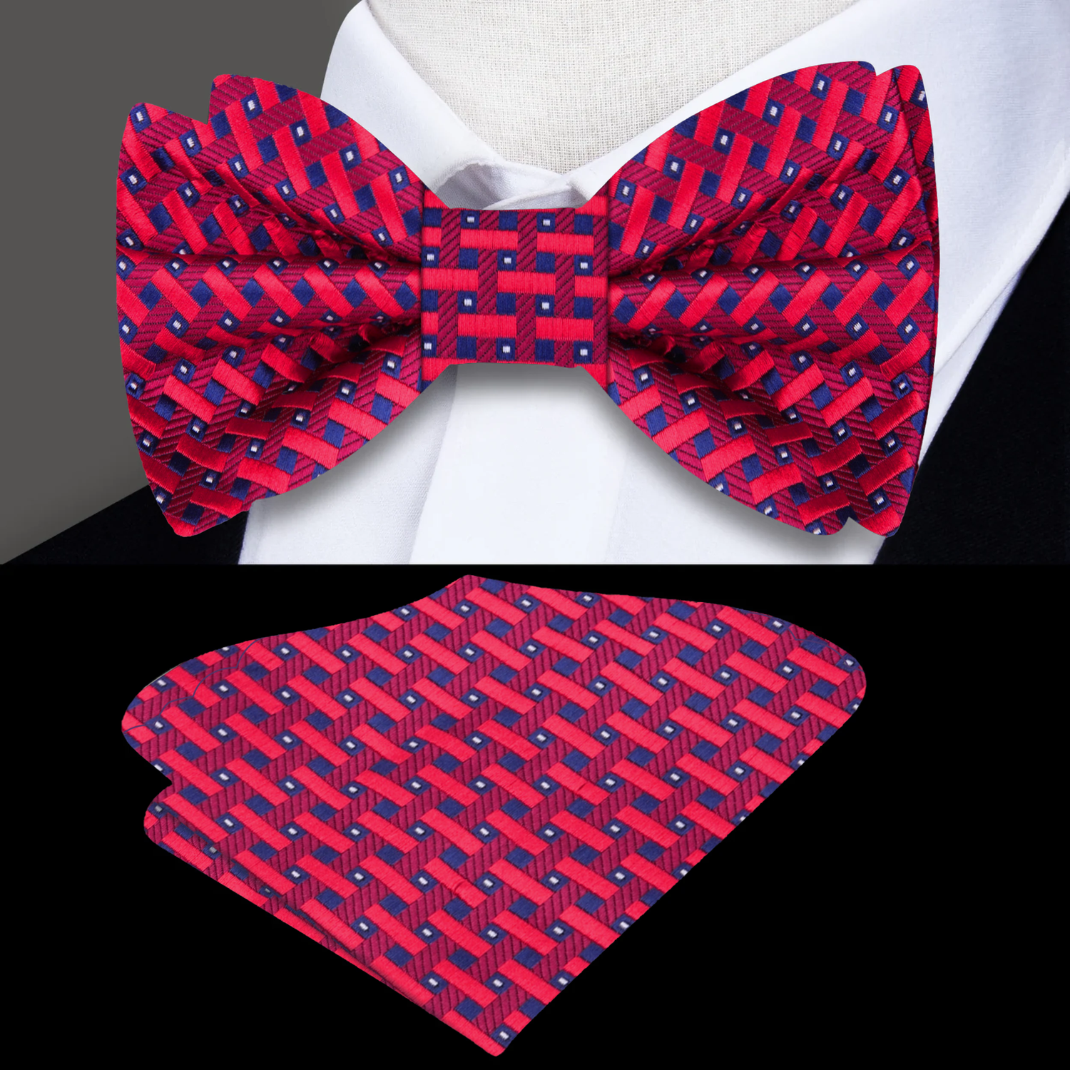Red, Blue Geometric Bow Tie and Pocket Square
