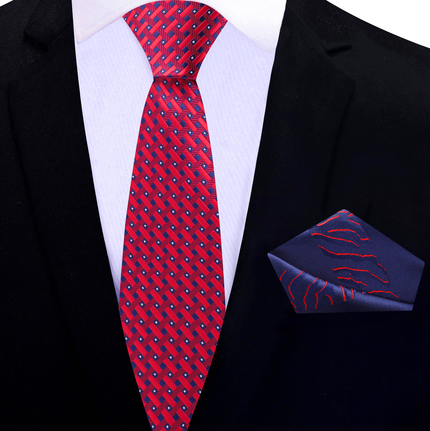 Thin red, Blue Interlock Necktie and Accenting Blue Red Pocket square