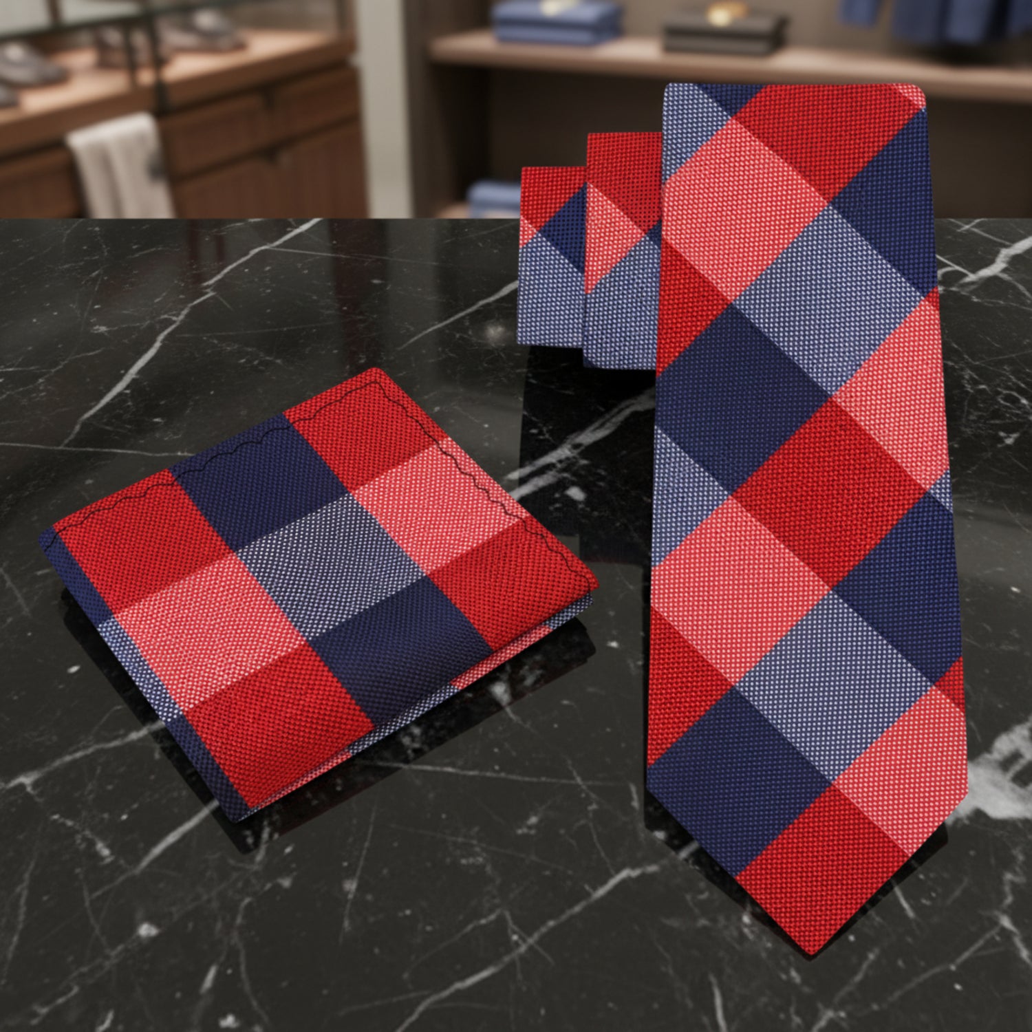 Red and blue checkered tie and pocket square set