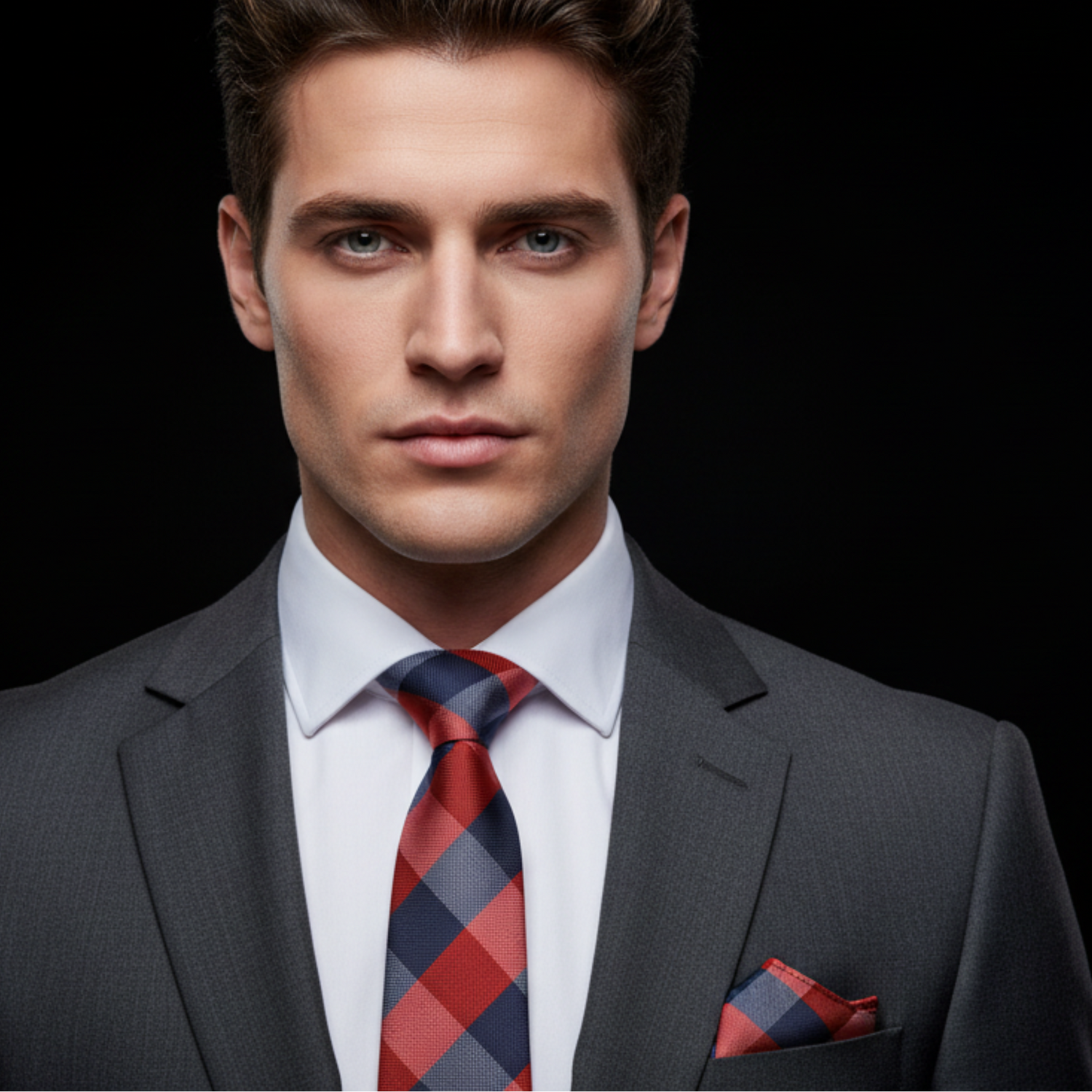 Man wearing a gray suit with a red and blue checkered tie and pocket square on a black background