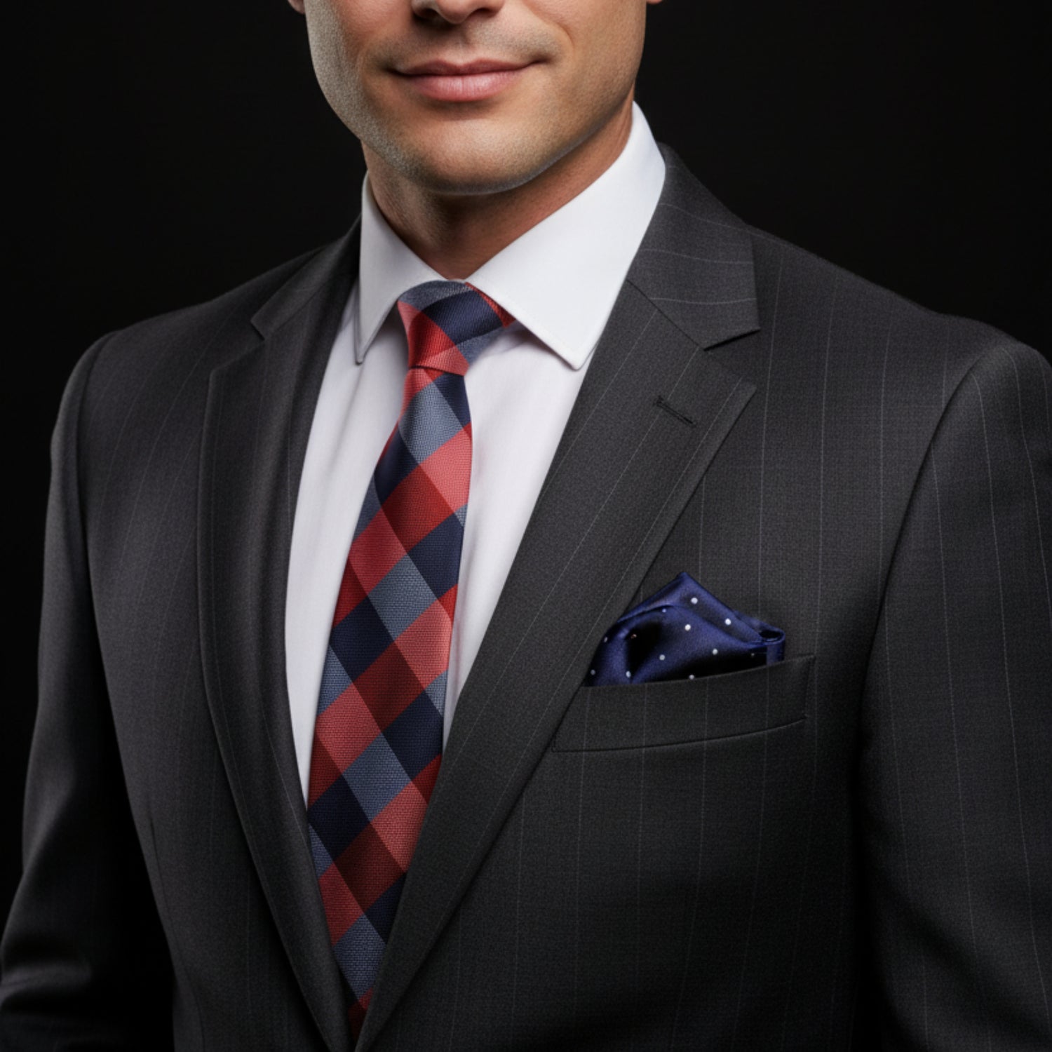 A men's necktie and matching pocket square set on a white background. The necktie features a red, navy, and light blue argyle pattern, while the matching pocket square is solid navy blue with small white polka dots.