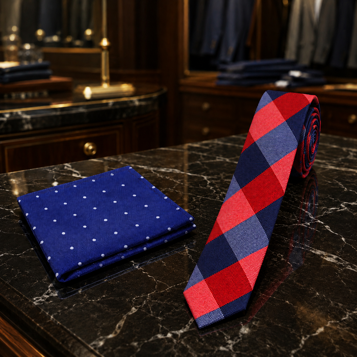 A men's necktie and matching pocket square set displayed on a dark marble surface in a luxury clothing store. The pocket square is royal blue with small white dots, and the tie features a diagonal plaid pattern in red and navy blue.