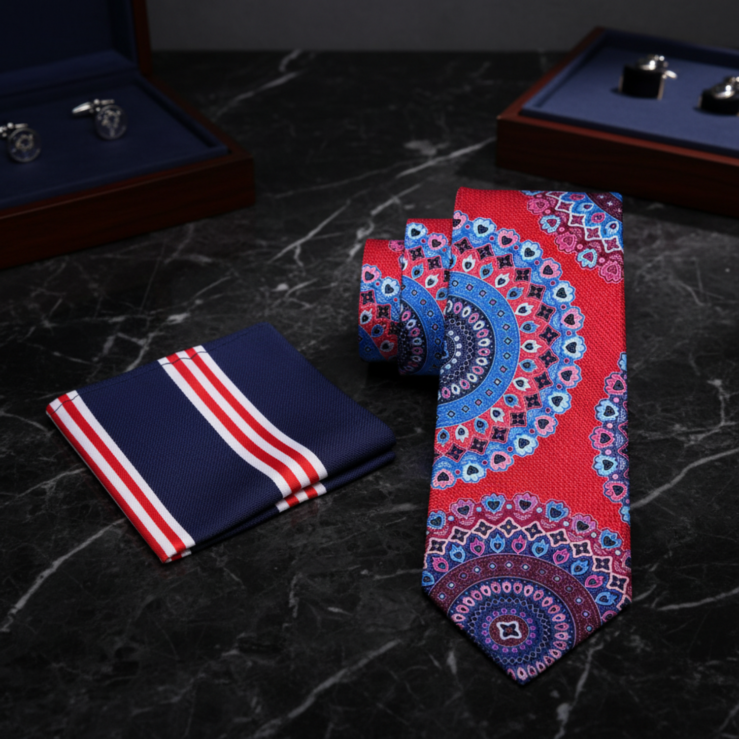 Set of patterned ties and pocket square on a white background