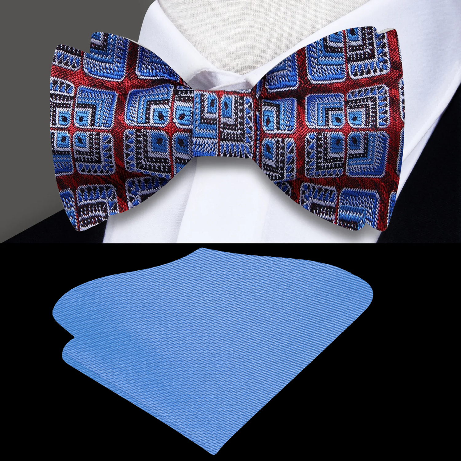 A Red, Blue, Brown Geometric Floral Pattern Self Tie Bow Tie, With Blue Pocket Square