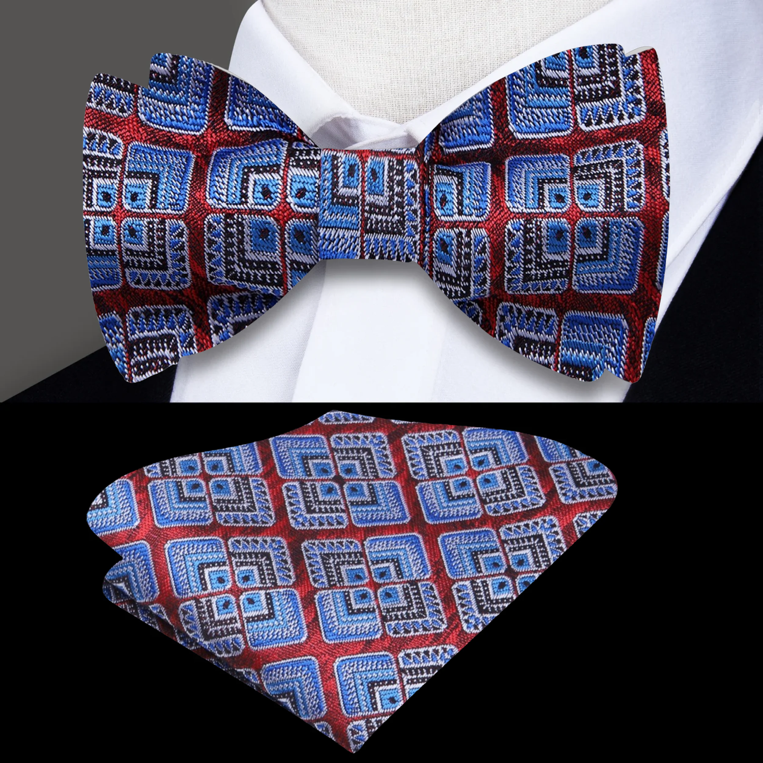 A Red, Blue, Brown Geometric Floral Pattern Self Tie Bow Tie, With Matching Pocket Square